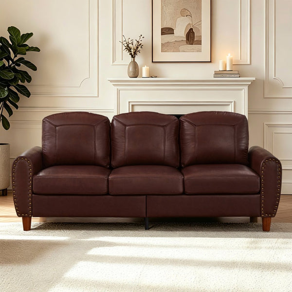 English Elm 81.5" Club Style Faux Leather Sofa with Brass Nailhead Trim and Solid Rubberwood Legs Burgundy W1097S00301