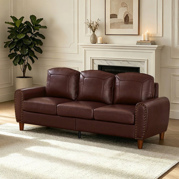 English Elm 81.5" Club Style Faux Leather Sofa with Brass Nailhead Trim and Solid Rubberwood Legs Burgundy W1097S00301