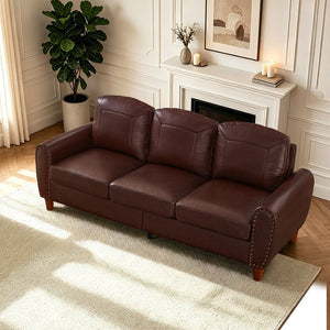 English Elm 81.5" Club Style Faux Leather Sofa with Brass Nailhead Trim and Solid Rubberwood Legs Burgundy W1097S00301
