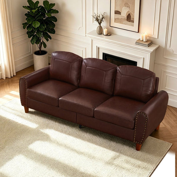 English Elm 81.5" Club Style Faux Leather Sofa with Brass Nailhead Trim and Solid Rubberwood Legs Burgundy W1097S00301