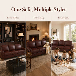 English Elm 81.5" Club Style Faux Leather Sofa with Brass Nailhead Trim and Solid Rubberwood Legs Burgundy W1097S00301