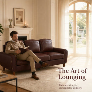 English Elm 81.5" Club Style Faux Leather Sofa with Brass Nailhead Trim and Solid Rubberwood Legs Burgundy W1097S00301