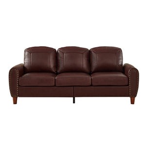 English Elm 81.5" Club Style Faux Leather Sofa with Brass Nailhead Trim and Solid Rubberwood Legs Burgundy W1097S00301