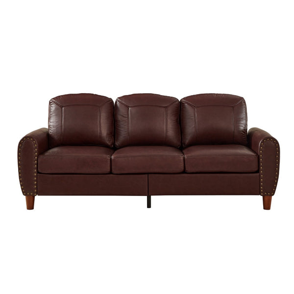 English Elm 81.5" Club Style Faux Leather Sofa with Brass Nailhead Trim and Solid Rubberwood Legs Burgundy W1097S00301