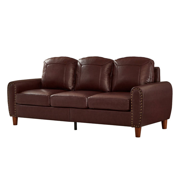 English Elm 81.5" Club Style Faux Leather Sofa with Brass Nailhead Trim and Solid Rubberwood Legs Burgundy W1097S00301