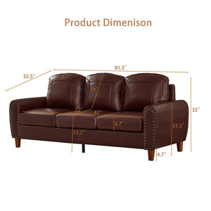 English Elm 81.5" Club Style Faux Leather Sofa with Brass Nailhead Trim and Solid Rubberwood Legs Burgundy W1097S00301