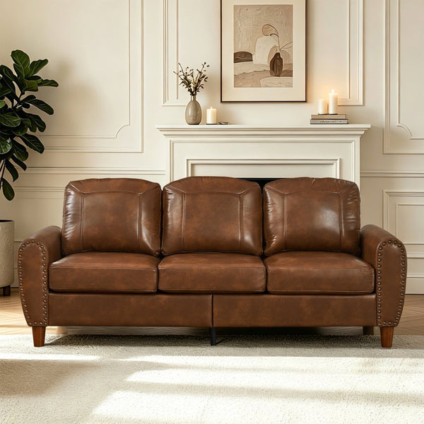 English Elm 81.5" Club Style Faux Leather Sofa with Brass Nailhead Trim and Solid Rubberwood Legs Brown W1097S00302