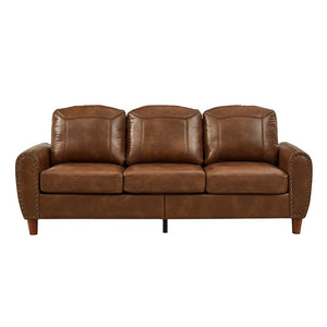 English Elm 81.5" Club Style Faux Leather Sofa with Brass Nailhead Trim and Solid Rubberwood Legs Brown W1097S00302