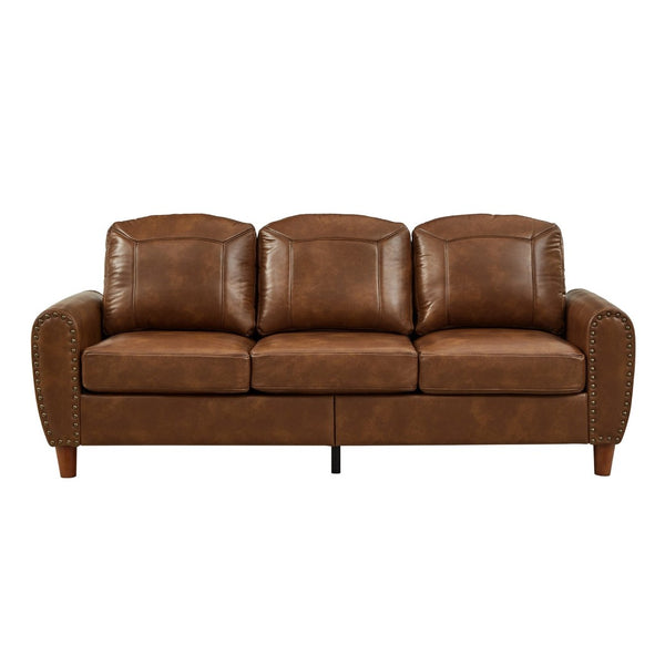 English Elm 81.5" Club Style Faux Leather Sofa with Brass Nailhead Trim and Solid Rubberwood Legs Brown W1097S00302