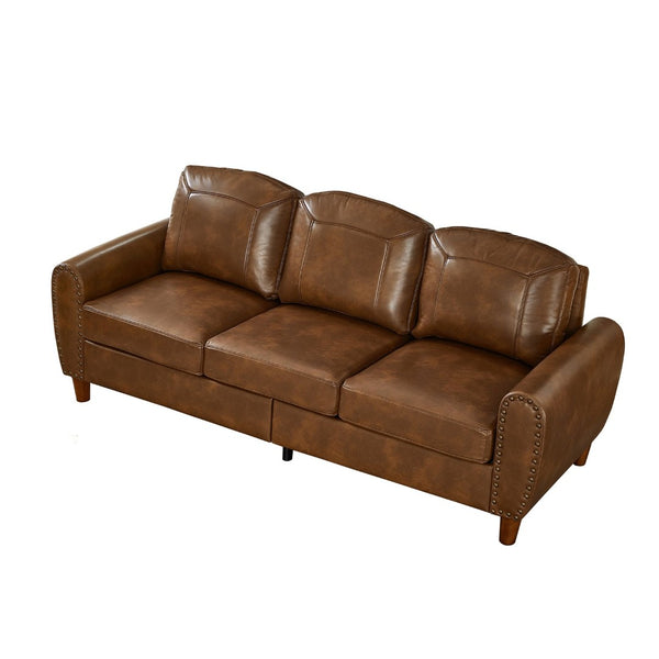 English Elm 81.5" Club Style Faux Leather Sofa with Brass Nailhead Trim and Solid Rubberwood Legs Brown W1097S00302