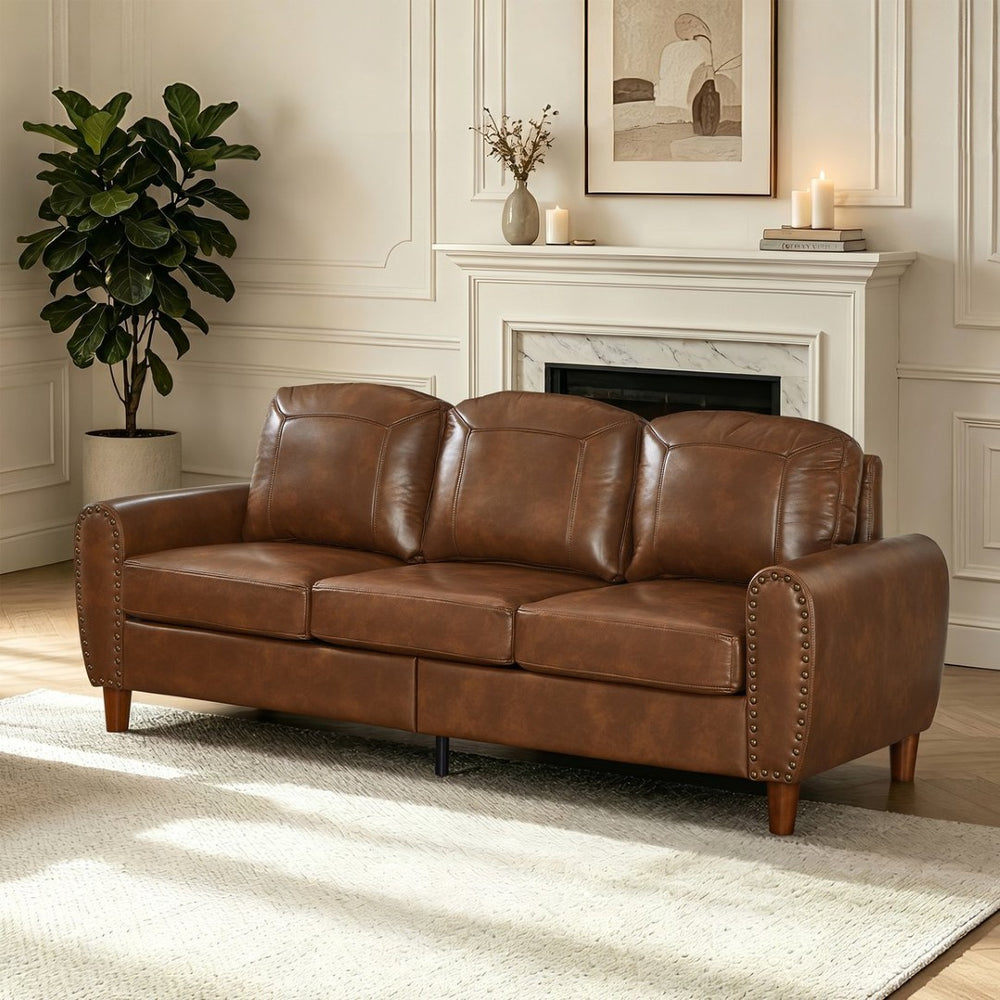 English Elm 81.5" Club Style Faux Leather Sofa with Brass Nailhead Trim and Solid Rubberwood Legs Brown W1097S00302