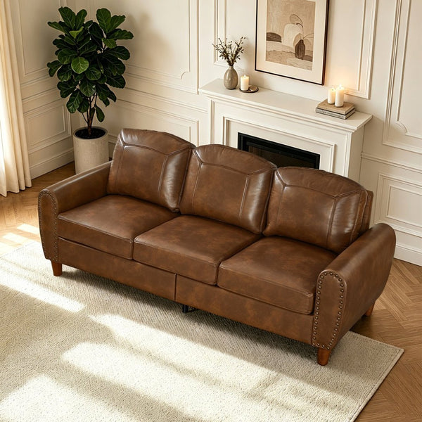 English Elm 81.5" Club Style Faux Leather Sofa with Brass Nailhead Trim and Solid Rubberwood Legs Brown W1097S00302