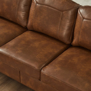 English Elm 81.5" Club Style Faux Leather Sofa with Brass Nailhead Trim and Solid Rubberwood Legs Brown W1097S00302