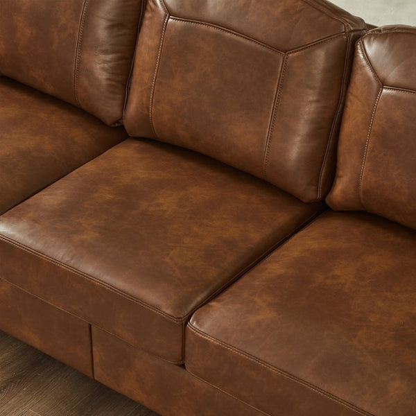 English Elm 81.5" Club Style Faux Leather Sofa with Brass Nailhead Trim and Solid Rubberwood Legs Brown W1097S00302