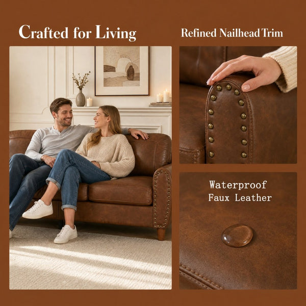 English Elm 81.5" Club Style Faux Leather Sofa with Brass Nailhead Trim and Solid Rubberwood Legs Brown W1097S00302