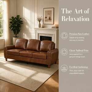 English Elm 81.5" Club Style Faux Leather Sofa with Brass Nailhead Trim and Solid Rubberwood Legs Brown W1097S00302