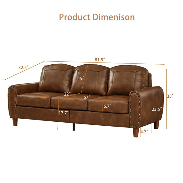 English Elm 81.5" Club Style Faux Leather Sofa with Brass Nailhead Trim and Solid Rubberwood Legs Brown W1097S00302
