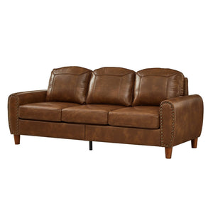 English Elm 81.5" Club Style Faux Leather Sofa with Brass Nailhead Trim and Solid Rubberwood Legs Brown W1097S00302