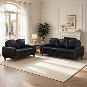English Elm Breathable Faux Leather Sofa Loveseat Set with Brass Rivets Rolled Arms Club Style Black W1097S00303
