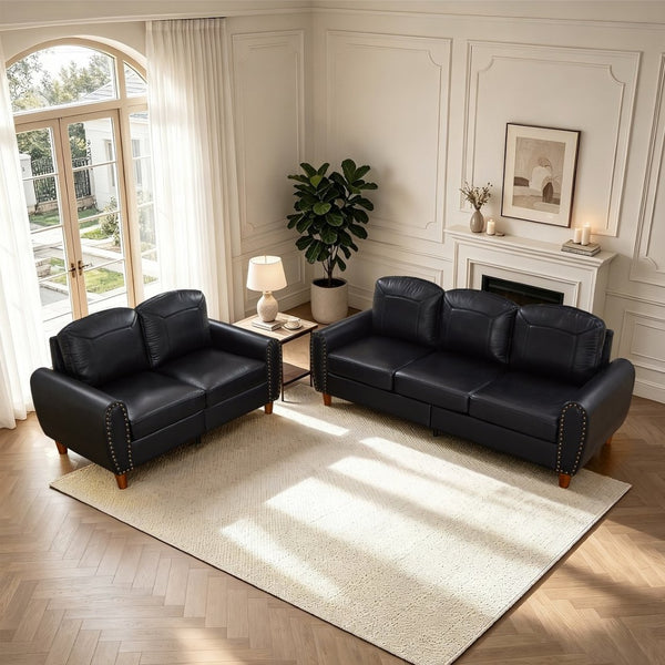 English Elm Breathable Faux Leather Sofa Loveseat Set with Brass Rivets Rolled Arms Club Style Black W1097S00303
