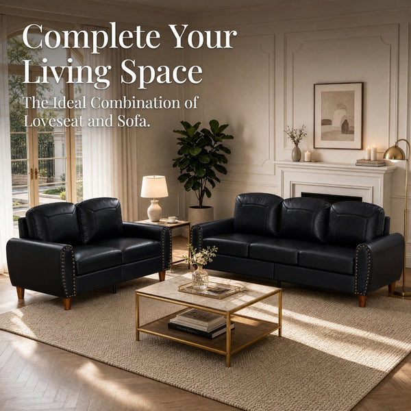 English Elm Breathable Faux Leather Sofa Loveseat Set with Brass Rivets Rolled Arms Club Style Black W1097S00303