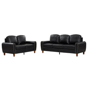 English Elm Breathable Faux Leather Sofa Loveseat Set with Brass Rivets Rolled Arms Club Style Black W1097S00303