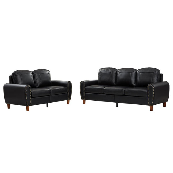 English Elm Breathable Faux Leather Sofa Loveseat Set with Brass Rivets Rolled Arms Club Style Black W1097S00303