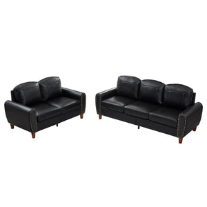 English Elm Breathable Faux Leather Sofa Loveseat Set with Brass Rivets Rolled Arms Club Style Black W1097S00303