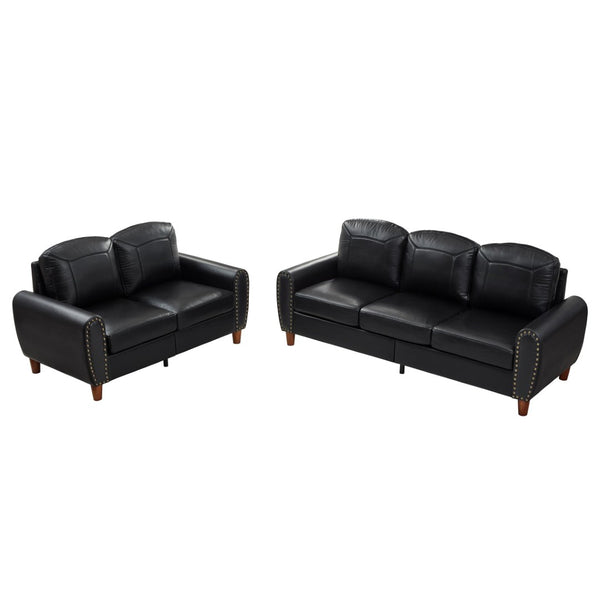 English Elm Breathable Faux Leather Sofa Loveseat Set with Brass Rivets Rolled Arms Club Style Black W1097S00303
