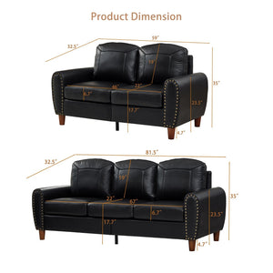 English Elm Breathable Faux Leather Sofa Loveseat Set with Brass Rivets Rolled Arms Club Style Black W1097S00303