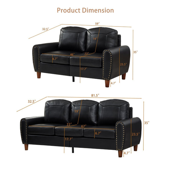 English Elm Breathable Faux Leather Sofa Loveseat Set with Brass Rivets Rolled Arms Club Style Black W1097S00303