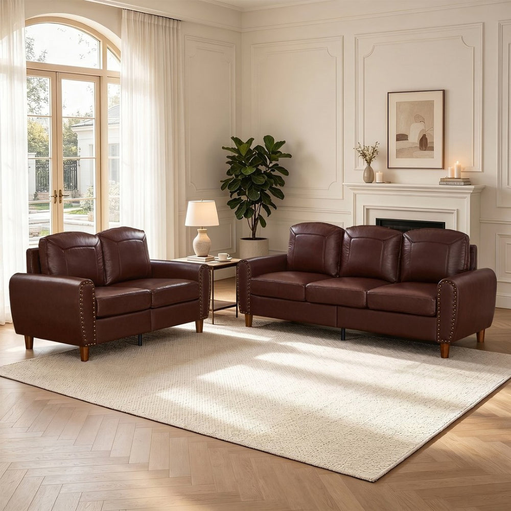 English Elm Breathable Faux Leather Sofa Loveseat Set with Brass Rivets Rolled Arms Club Style Burgundy W1097S00304