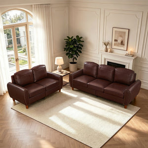 English Elm Breathable Faux Leather Sofa Loveseat Set with Brass Rivets Rolled Arms Club Style Burgundy W1097S00304