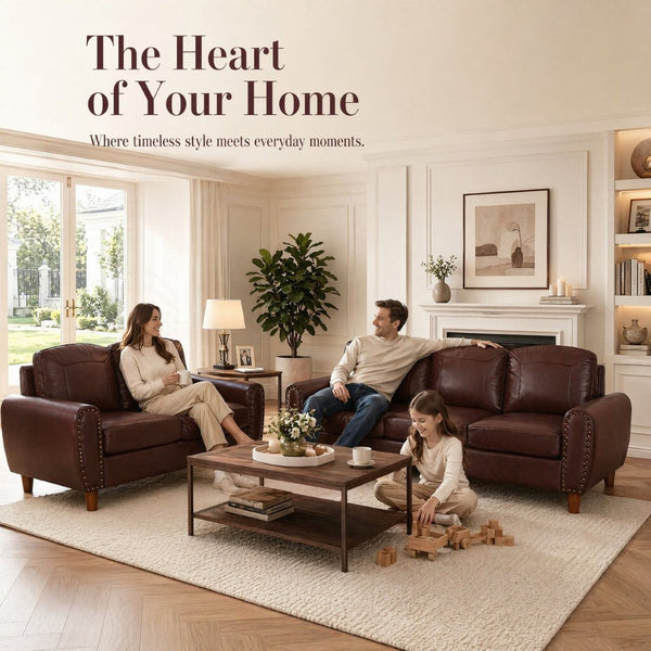 English Elm Breathable Faux Leather Sofa Loveseat Set with Brass Rivets Rolled Arms Club Style Burgundy W1097S00304