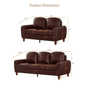 English Elm Breathable Faux Leather Sofa Loveseat Set with Brass Rivets Rolled Arms Club Style Burgundy W1097S00304