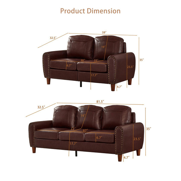 English Elm Breathable Faux Leather Sofa Loveseat Set with Brass Rivets Rolled Arms Club Style Burgundy W1097S00304