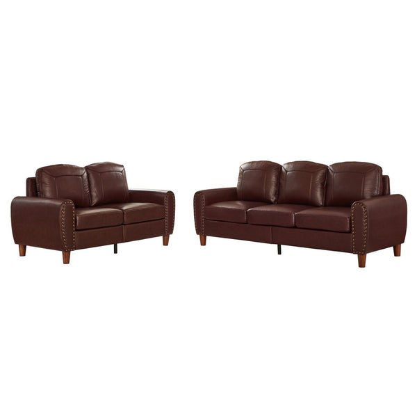 English Elm Breathable Faux Leather Sofa Loveseat Set with Brass Rivets Rolled Arms Club Style Burgundy W1097S00304