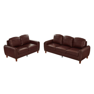 English Elm Breathable Faux Leather Sofa Loveseat Set with Brass Rivets Rolled Arms Club Style Burgundy W1097S00304