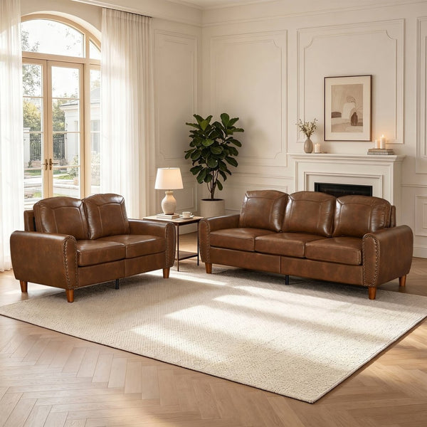 English Elm Breathable Faux Leather Sofa Loveseat Set with Brass Rivets Rolled Arms Club Style Brown W1097S00305
