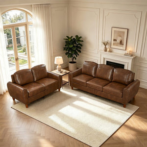 English Elm Breathable Faux Leather Sofa Loveseat Set with Brass Rivets Rolled Arms Club Style Brown W1097S00305