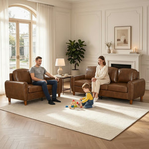 English Elm Breathable Faux Leather Sofa Loveseat Set with Brass Rivets Rolled Arms Club Style Brown W1097S00305