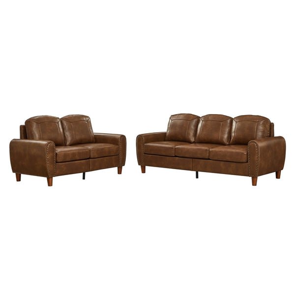 English Elm Breathable Faux Leather Sofa Loveseat Set with Brass Rivets Rolled Arms Club Style Brown W1097S00305