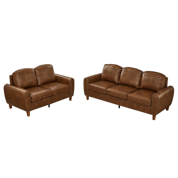 English Elm Breathable Faux Leather Sofa Loveseat Set with Brass Rivets Rolled Arms Club Style Brown W1097S00305