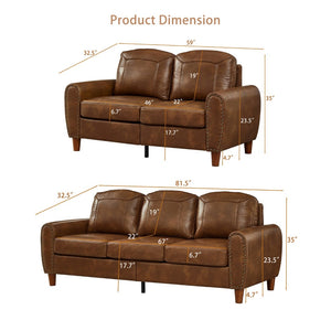 English Elm Breathable Faux Leather Sofa Loveseat Set with Brass Rivets Rolled Arms Club Style Brown W1097S00305