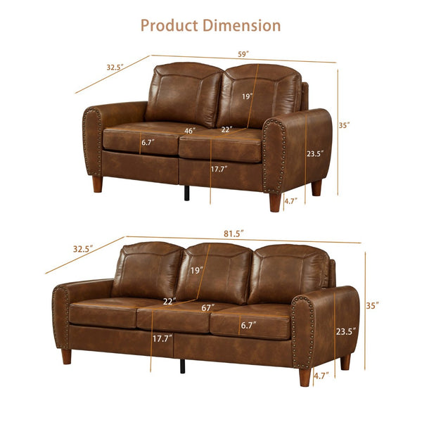 English Elm Breathable Faux Leather Sofa Loveseat Set with Brass Rivets Rolled Arms Club Style Brown W1097S00305