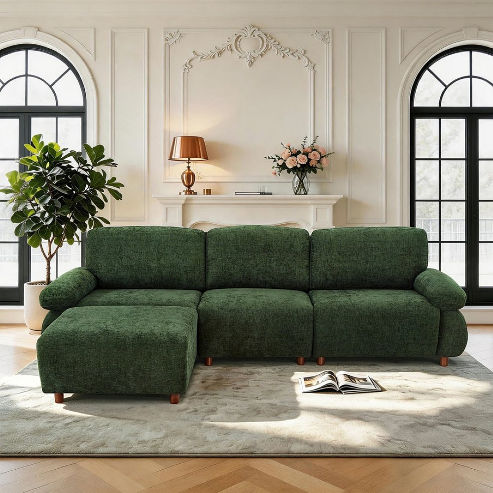 English Elm 111" Chenille Modular Sectional Sofa with Ottoman Mid-century Living Room L-shape Couch Dark Green W1097S00306
