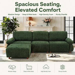 English Elm 111" Chenille Modular Sectional Sofa with Ottoman Mid-century Living Room L-shape Couch Dark Green W1097S00306