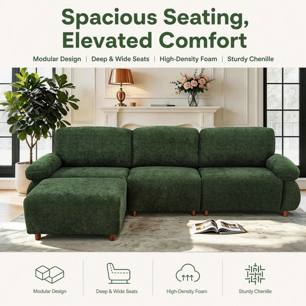 English Elm 111" Chenille Modular Sectional Sofa with Ottoman Mid-century Living Room L-shape Couch Dark Green W1097S00306