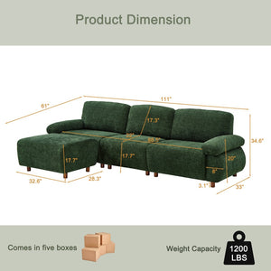 English Elm 111" Chenille Modular Sectional Sofa with Ottoman Mid-century Living Room L-shape Couch Dark Green W1097S00306