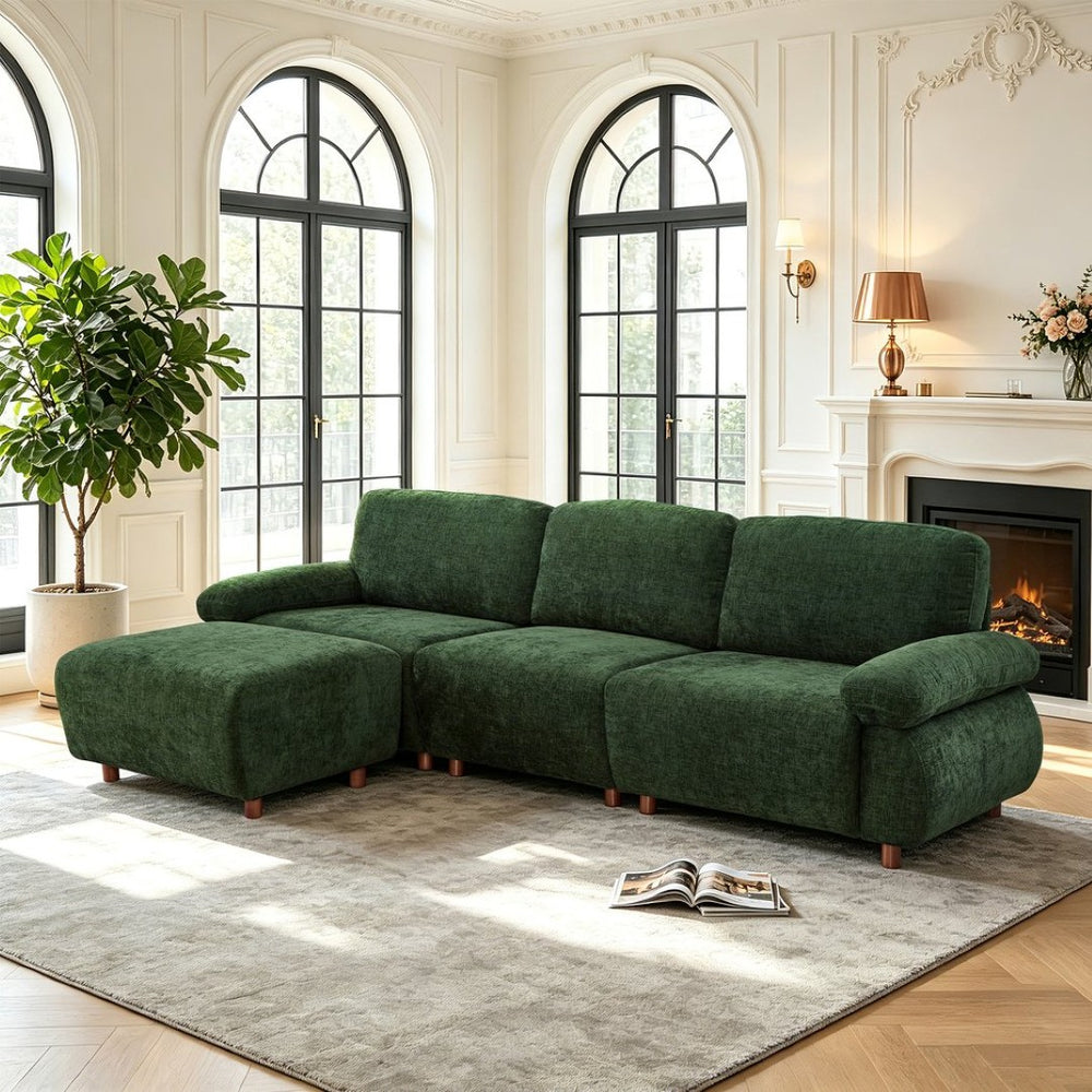 English Elm 111" Chenille Modular Sectional Sofa with Ottoman Mid-century Living Room L-shape Couch Dark Green W1097S00306